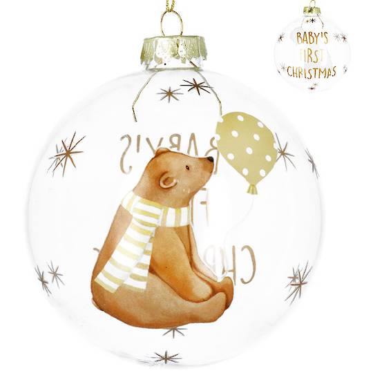 INDENT - Pack 6, Glass Ball Large Clear, Bear Baby's First Xmas 10cm